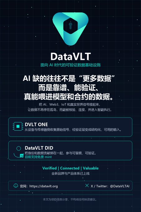 A promotional graphic for 'DataVLT' featuring Chinese text about verifiable data infrastructure for AI, highlighting 'DVLT ONE' and 'DataVLT DID' with the website 'https://datavlt.org' and Twitter '@DataVLTAl'.