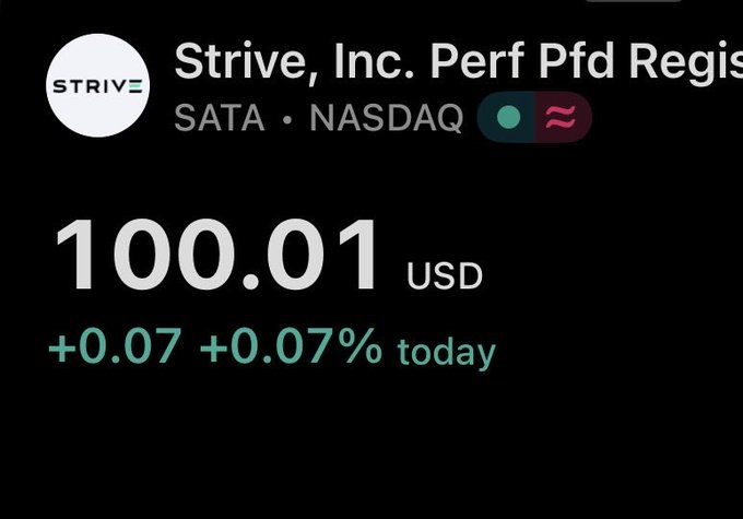 A stock market screenshot showing 'Strive, Inc. Perf Pfd Regis' (ticker SATA) on NASDAQ, priced at 100.01 USD, up 0.07 (+0.07%) today.