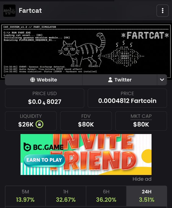 A cryptocurrency page for 'Fartcat' displaying a meme cat ASCII art with the title 'FARTCAT', price of $0.04 USD, FDV of $80K, MKT CAP of $80K, and 24H price change of 3.51%.