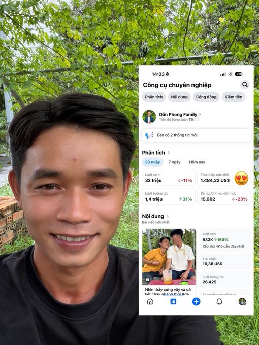 A smiling young man poses for a selfie outdoors with leafy trees in the background, alongside a screenshot of a Vietnamese Facebook page titled "Cộng cụ chuyên nghiệp" showing analytics for "Dân Phong Family" with 32K views and 1.4 triệu views.