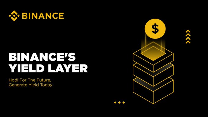 A promotional banner for Binance's Yield Layer features the Binance logo and the tagline "Hodl For The Future, Generate Yield Today," alongside a gold coin with a dollar sign stacked atop glowing yellow blockchain layers. The graphic visually reinforces the post's message about Binance Earn and VIP Earn, illustrating how holding crypto can generate yield through layered earning opportunities.