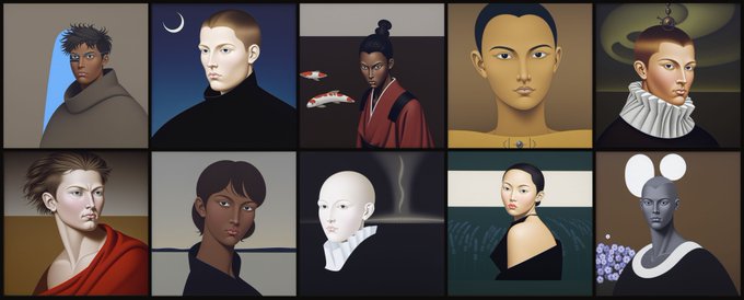 A 2x5 grid of ten stylized 3D-rendered female character portraits with distinctive features and apparel, used as PFP (profile picture) avatars for the "DIVERGENTS" giveaway promotion.