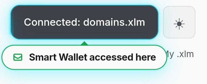 A user interface snippet showing a wallet connection status: "Connected: domains.xlm" with a confirmation badge stating "Smart Wallet accessed here".
