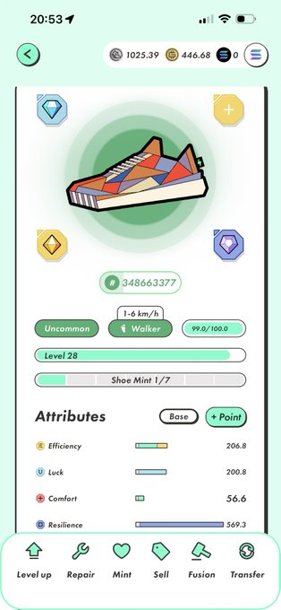 A mobile game screen displaying a level 28 "Walker" shoe NFT with attributes like Efficiency, Luck, Comfort, and Resilience.