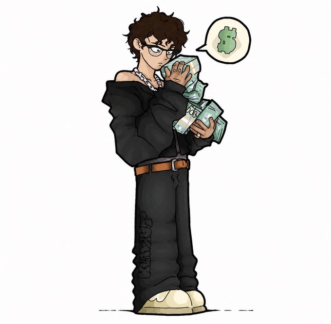 An anime-style illustration depicts a young man with messy brown hair and glasses wearing a black off-shoulder outfit, holding a thick stack of cash while a speech bubble shows a cute green blob-like creature.