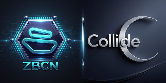 A split promotional graphic featuring the ZBCN logo on the left—a stylized blue "Z" inside a glowing hexagonal emblem with the "ZBCN" ticker beneath—alongside the Collide logo on the right, displaying a sleek silver "C" with the word "Collide" against a dark background.