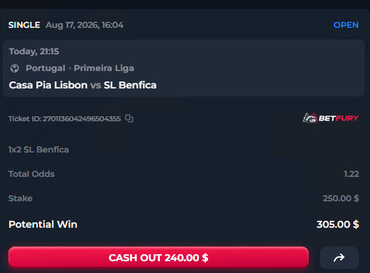 A BetFury betting slip shows a single wager of 250.00 $ (at 1.22 odds) placed on Casa Pia Lisbon vs SL Benfica in Portugal's Primeira Liga, dated Aug 17, 2026, offering a potential win of 305.00 $ or a 240.00 $ cash out option. The slip aligns with the post's enthusiasm about betting on Benfica for the first match after the World Cup on BetFury.