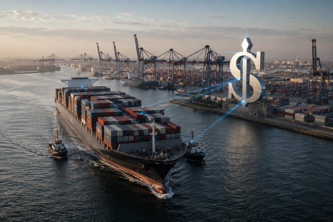 A large container ship is escorted by tugboats through a busy port filled with cranes and stacked shipping containers, with a large 3D dollar sign graphic hovering over the scene connected by glowing blue lines to the ship.