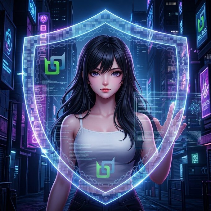 An anime-style digital illustration of a dark-haired woman in a white tank top standing in front of a glowing blue shield in a cyberpunk city setting, with logos visible on the shield.