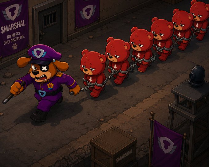 An isometric game-style illustration of a dog police officer labeled '$MARSHAL' with a baton, leading a chained line of red bear characters through a prison-like setting.