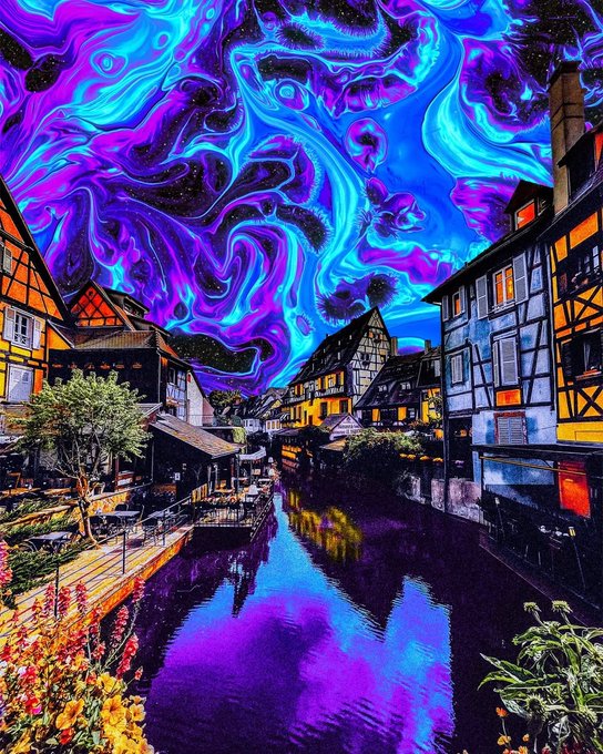The image features a colorful painting of a town with buildings situated next to a river. The sky above the scene is filled with purple and blue swirls, creating an artistic and surreal atmosphere. In the foreground, there are flowers that add a touch of nature to the urban setting. The text in the image reads "Giveaway Time... I will be giving away Tiago To join: ■ Follow @supraevm ... ■ Like and RT ■ comment your wallet Ends in 24 hours". This message seems to be related to an event or contest, possibly involving a painting of the town with a twist. The artist has used their creativity to incorporate elements from nature into this urban scene, making it more visually appealing and intriguing for viewers.
