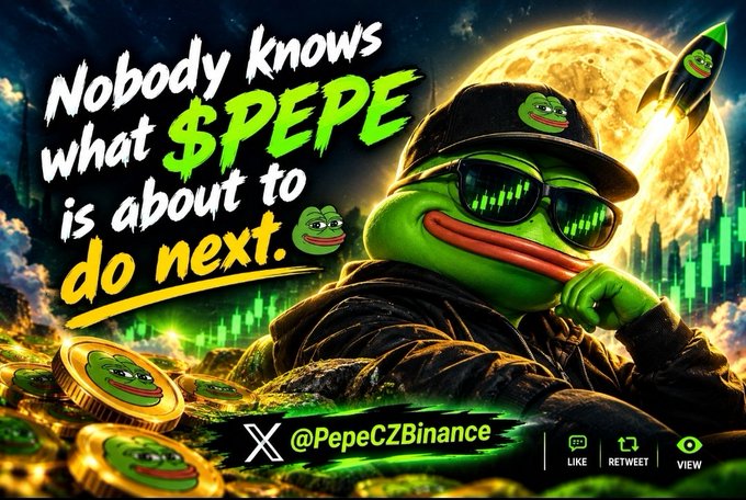 A promotional crypto graphic featuring a Pepe the Frog character wearing sunglasses and a cap, with text 'Nobody knows what $PEPE is about to do next' and '@PepeCZBinance' handle.