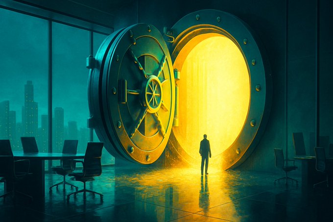 A person stands before a massive open bank vault door, bathed in golden light from within, inside an office space with a teal-lit city view through large windows.