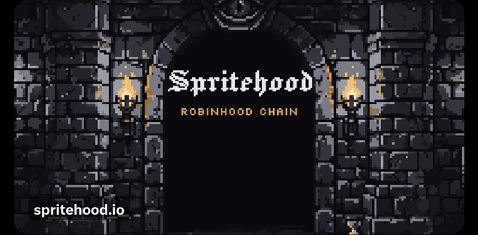 A pixel art promotional banner for 'Spritehood' on Robinhood Chain, featuring a dark stone castle archway with torches and the URL 'spritehood.io'.