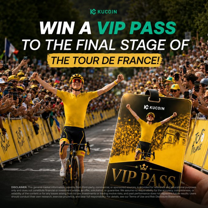 A KuCoin promotional advertisement offering a chance to 'WIN A VIP PASS TO THE FINAL STAGE OF THE TOUR DE FRANCE!', featuring a cyclist in a yellow jersey celebrating a victory.