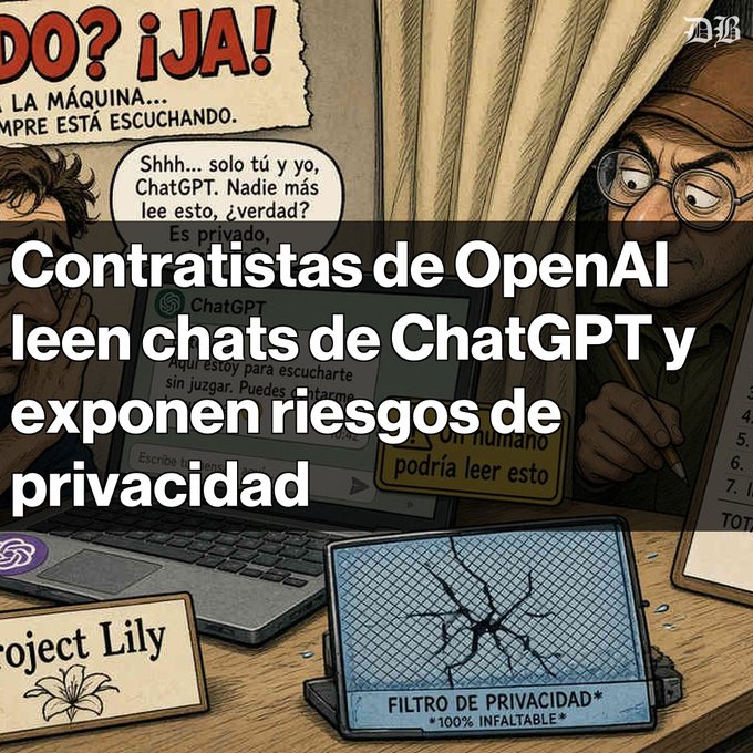 A graphic from NYT in Spanish titled 'Contratistas de OpenAI leen chats de ChatGPT y exponen riesgos de privacidad,' depicting a comic-style illustration of a person privately talking to ChatGPT while a man with glasses peers from behind a curtain.