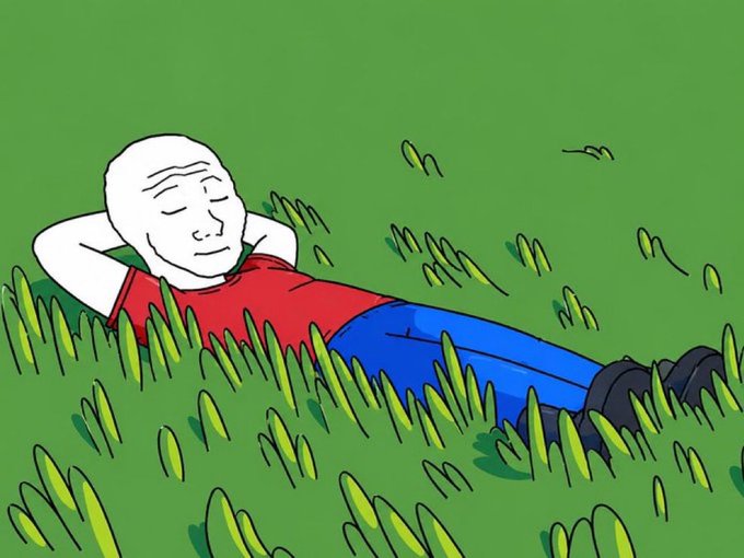 "The cashtag is $WOJAK The blockchain is $ETH". This text is related to a post about a man laying down in a field of grass, which has been described as a cartoon or illustration style.