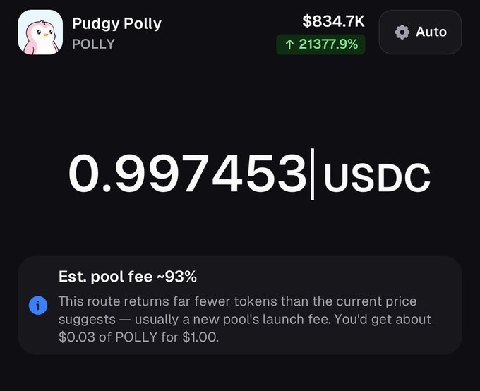 A cryptocurrency trading interface showing 'Pudgy Polly' (POLLY) at $834.7K with a 21377.9% increase, displaying 0.997453 USDC and warning of an estimated 93% pool fee with poor returns.