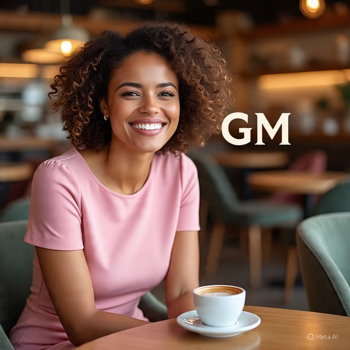 The image features a woman sitting at a table in a cafe, smiling for the camera while holding a cup of coffee. The background shows multiple chairs and tables, indicating that this scene takes place in a public setting like a café or restaurant. The caption above the photo reads "Early morning New sunrise, same grind 5 seed phrases for 5 chains = 5 ways to get rekt." This phrase is likely an advertisement slogan promoting Bitcoin mining or cryptocurrency trading.