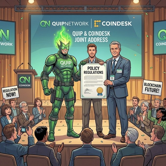 A cartoon illustration depicting a 'QUIP & COINDESK JOINT ADDRESS' with a green flame-headed superhero mascot alongside suited executives holding 'POLICY REGULATIONS,' while an audience holds 'REGULATION NOW!' and 'BLOCKCHAIN FUTURE!' signs.