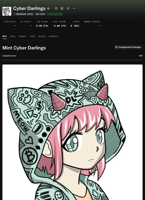 A webpage for an NFT collection called Cyber Darlings on the ROBBINHOOD CHAIN, currently minting, displaying a mint count of 555 available items and featuring an anime-style pink-haired character in a graffiti-patterned hoodie.