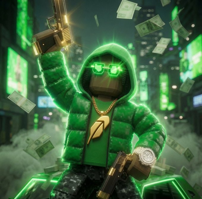 A Roblox-style character in a green puffer jacket and glowing green sunglasses poses triumphantly with gold pistols amid falling dollar bills in a neon-lit cityscape, paired with a post announcing a "FLASH SOL GIVEAWAY" requiring engagement, likes, and wallet addresses within 30 minutes. The image's flashy, money-raining aesthetic visually reinforces the urgent crypto giveaway promotion.