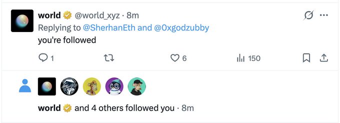 A screenshot of a Twitter/X post from user @world_xyz replying to @SherhanEth and @0xgodzubby with the text 'you're followed', with a notification below indicating 'world and 4 others followed you'.