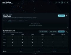 A dark-themed dashboard interface titled "MarsPulseBotics" displays a "Fire a Pulse" action panel and a "SUPERNOVA LIVE" tracker section featuring a table of items including "FLR 3," with toggle switches and quantity controls, illustrating a new interactive way to explore Supernova as mentioned in the accompanying post.