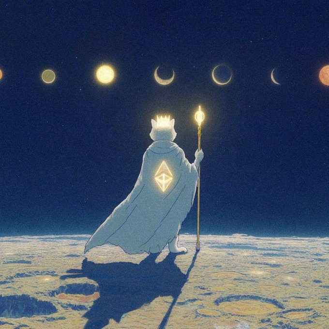 An illustration of a crowned figure in a white robe holding a staff, standing on a lunar surface looking at a row of different moon phases against a starry sky.