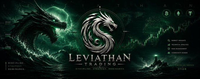 A dark, green-toned promotional banner for "Leviathan Trading" featuring a dragon illustration, the brand's lion/serpent logo, and details like "+3,541%", "BTCUSDT +3.11%", and a candlestick chart—paired with a giveaway announcement encouraging users to retweet, like, follow @Leviathan_xbt, and join their Telegram at t.me/cryptoleviatha to participate in a $50 giveaway ending in 48 hours.