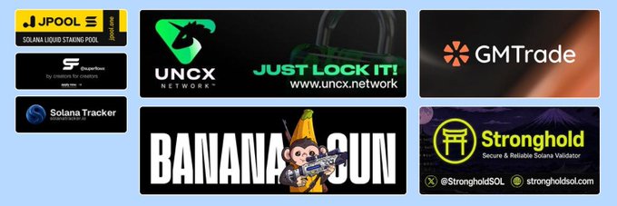 A collage of cryptocurrency and blockchain-related brand logos including JPOOL, UNCX Network, "Banana Gun", GMTrade, Solana Tracker, and Stronghold.