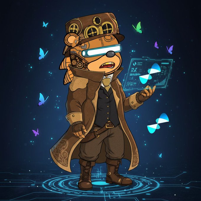 The image features a cartoon bear wearing a brown suit, hat, and boots standing against a dark blue background with butterflies flying around him. The bear appears to be holding a book or tablet device, possibly a computer screen displaying some data. The overall scene is whimsical and imaginative, capturing the viewer's attention.