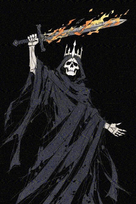 The image features a black and white illustration depicting a skeleton holding a sword with a burning hilt, symbolizing the resurrection of the dead or the triumph of good over evil. The skeleton is wearing a robe that appears to be made of smoke, adding an element of mystery and intrigue to the scene. The post in question seems to be discussing this particular image, possibly related to the concept of the "resurrection" or "resilience" of the human spirit.