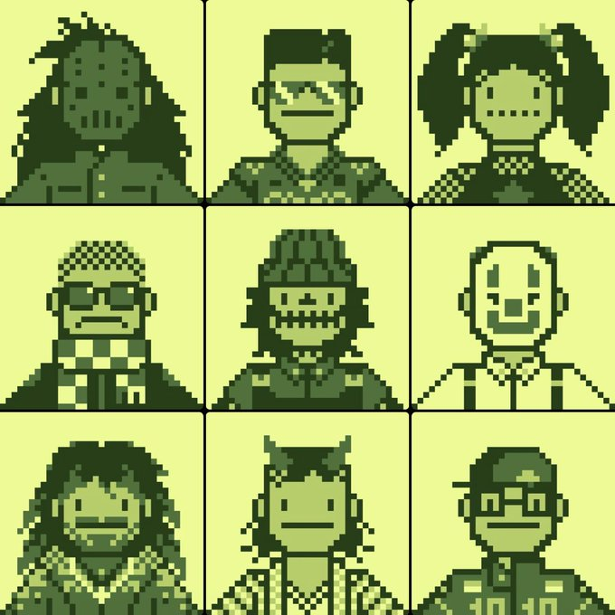 A 3x3 grid of green pixel art character portraits showing various figures including a Jason-like hockey mask, a soldier, a girl with pigtails, and other stylized characters.