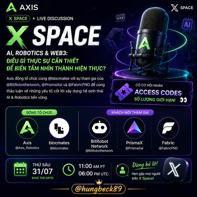A promotional flyer for an X Space live discussion on AI, Robotics & Web3 hosted by Axis and blocmates with guests BitRobot Network, PrismaX, and Fabric, scheduled for Friday 31/07 at 11:00 AM PT, credited to @hungbeck89.