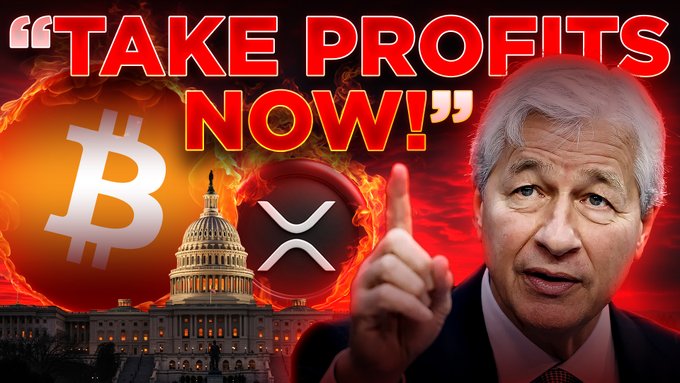 The image features a man wearing a suit, standing next to a large Bitcoin logo with the text "Take Profits Now!". The man appears to be giving an advice or warning about investing in Bitcoins. In the background of the image, there is a building that has a flame on it, which could represent the Bitcoin logo.