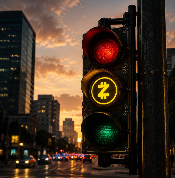 A traffic light glows at dusk in an urban setting, with the red and green signals illuminated alongside a yellow Z logo—matching the "#zetanetwork" branding—in place of the standard amber light. The image visually echoes the post's metaphor of awaiting a "green light" for the next phase, framing Zeta Network's future move as a signal waiting to go.