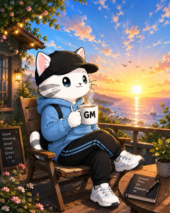 An illustration of an anime-style cat wearing a black cap and blue hoodie, holding a 'GM' mug, sitting on a wooden chair overlooking a sunset ocean view.