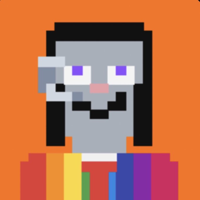 A pixel art character with gray skin, purple eyes, and long black hair wearing a rainbow-striped shirt against an orange background.
