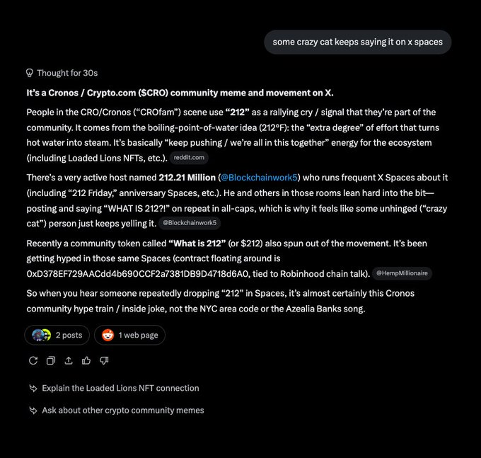 A dark-themed chat interface explaining the "212" community meme within the Cronos / Crypto.com ($CRO) ecosystem, referencing the "212 Friday" Twitter Spaces movement.