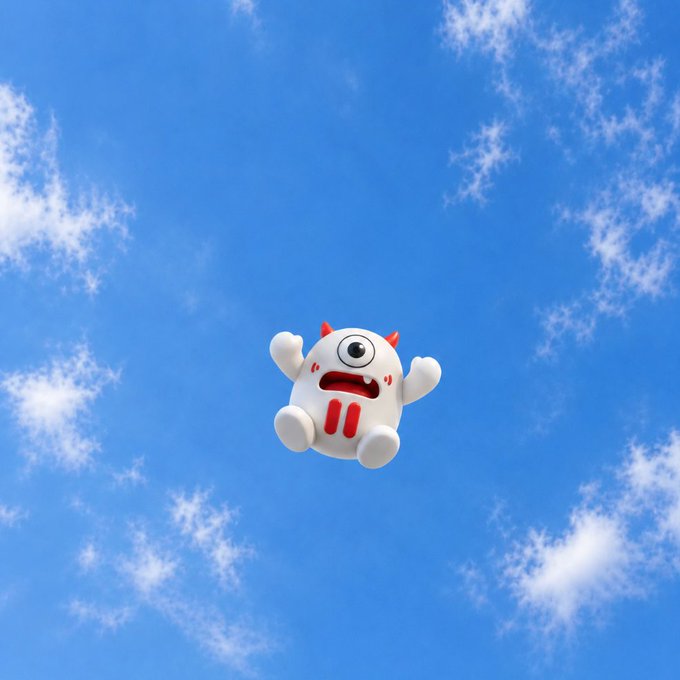 A small white cartoon monster character with one eye, red horns, and a red belly button, floating against a blue sky with scattered clouds.