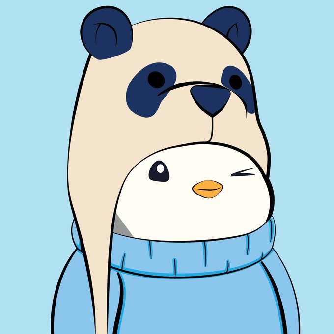 A cartoon panda wearing a blue hoodie cradles a small white penguin chick, which relates to the post announcing the purchase of Pudgy Penguin #5983 for 4.070 ETH on OpenSea, symbolizing the "huddle" of Pudgy Penguins NFT collectors.