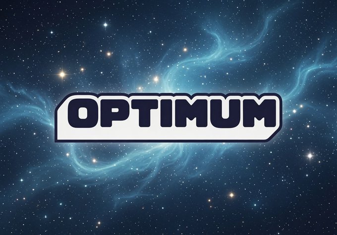 A white rounded badge with bold black "OPTIMUM" text set against a starry blue cosmic background with nebula clouds.