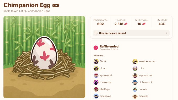 A Chimpanion Egg raffle page showing 602 participants, 2,518 entries, with the raffle ended on September 2, 2026, listing winners including Shatt, pkmn, and zytoworld.