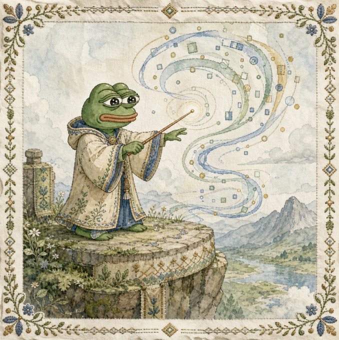urn of gold and blue, with a green frog holding a wand, stands on a cliff overlooking a river and mountains.