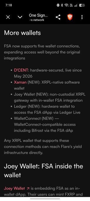 A mobile screenshot from "One Sign..." showing a "More wallets" page detailing FSA's five wallet integrations: D'CENT, Xaman, Joey Wallet, Ledger, and WalletConnect, with the section "Joey Wallet: FSA inside the wallet" beginning at the bottom. The post highlights that more FSA-compatible wallets have been added, with earnXRP and MXRPY now available options for joining Flare's XRPFi ecosystem.
