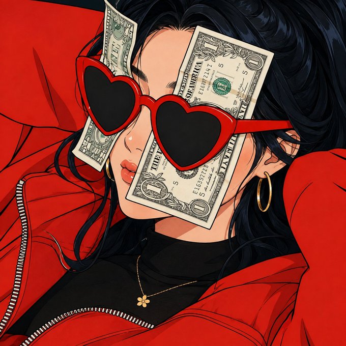 Stylized digital illustration of a woman wearing a red jacket and black shirt, with large red heart-shaped sunglasses and two one-dollar bills covering her eyes, along with gold hoop earrings and a clover necklace.