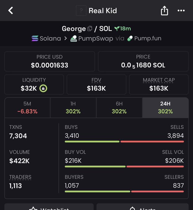 A cryptocurrency tracking app screen showing the 'Real Kid' (George/SOL) token on Solana via PumpSwap/Pump.fun, with a price of $0.0001633, liquidity of $32K, market cap of $163K, 7,304 transactions, and 302% gains across 1H/6H/24H timeframes.