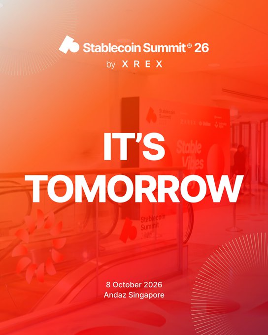Red and orange promotional graphic for Stablecoin Summit 26 by XREX, declaring 'IT'S TOMORROW' and listing the event date as 8 October 2026 at Andaz Singapore.