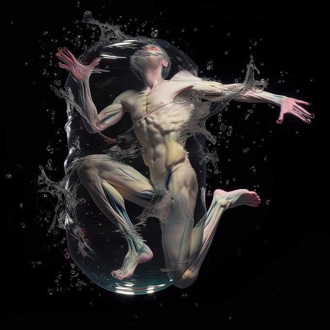 A detailed 3D digital art render of an anatomical figure with visible muscles and veins suspended in a sphere of splashing water against a black background.